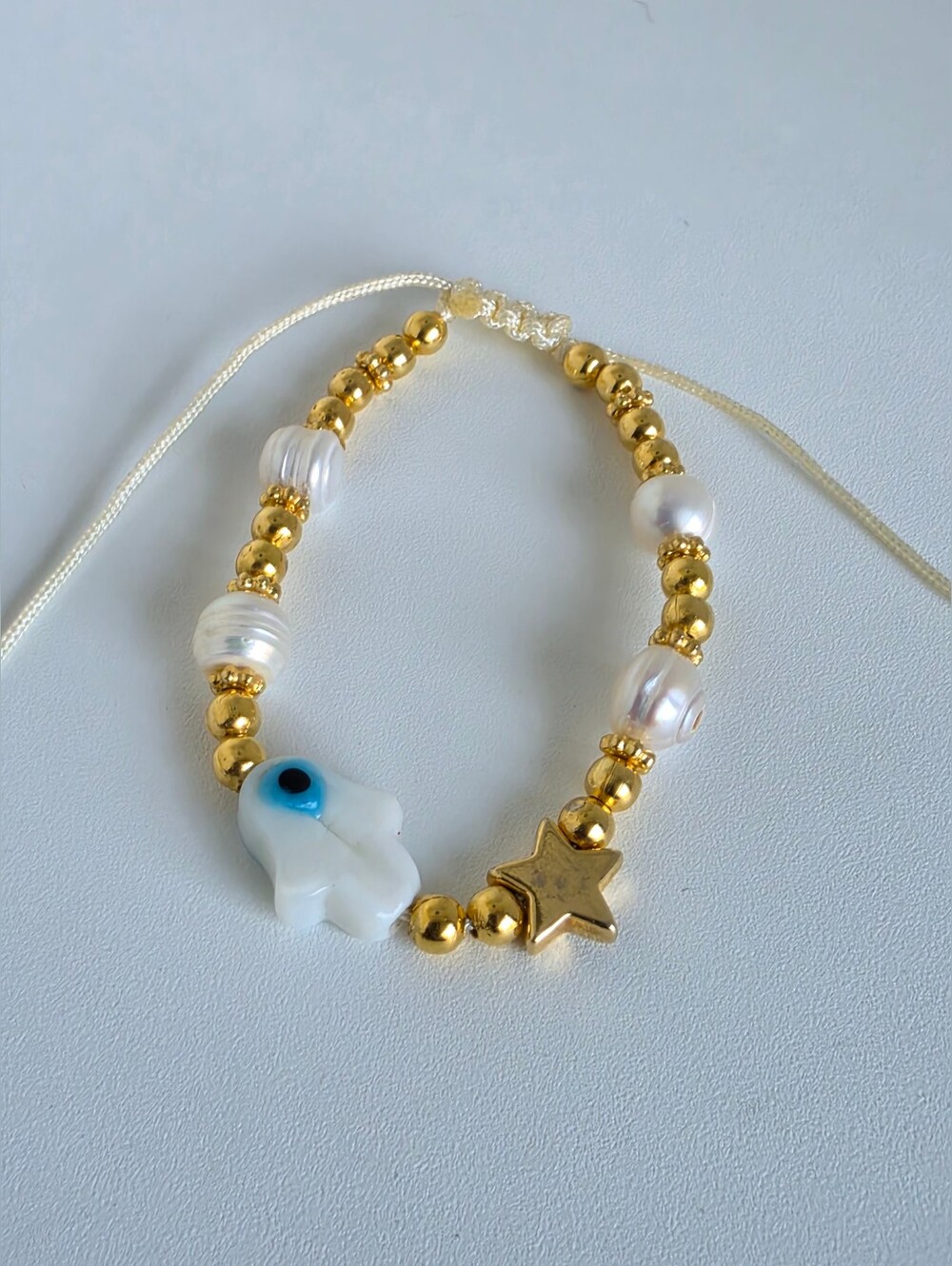 Handmade Hamsa Evil Eye Pearl Adjustable Bracelet Gold Beaded Boho Protection